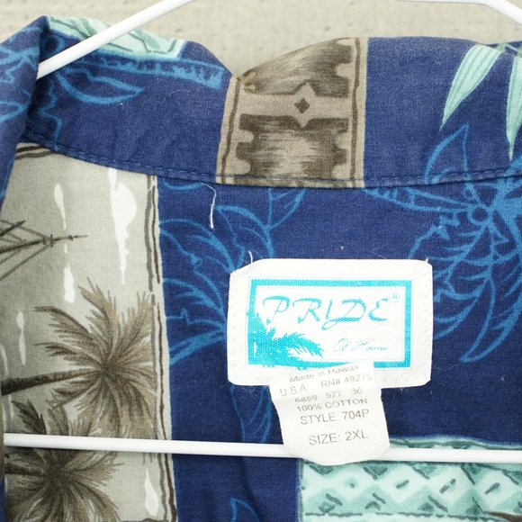 Vintage Hawaiian Shirt Pride of Hawaii Mens 2XL Palm Trees Ships Huts Pattern - Picture 4 of 6